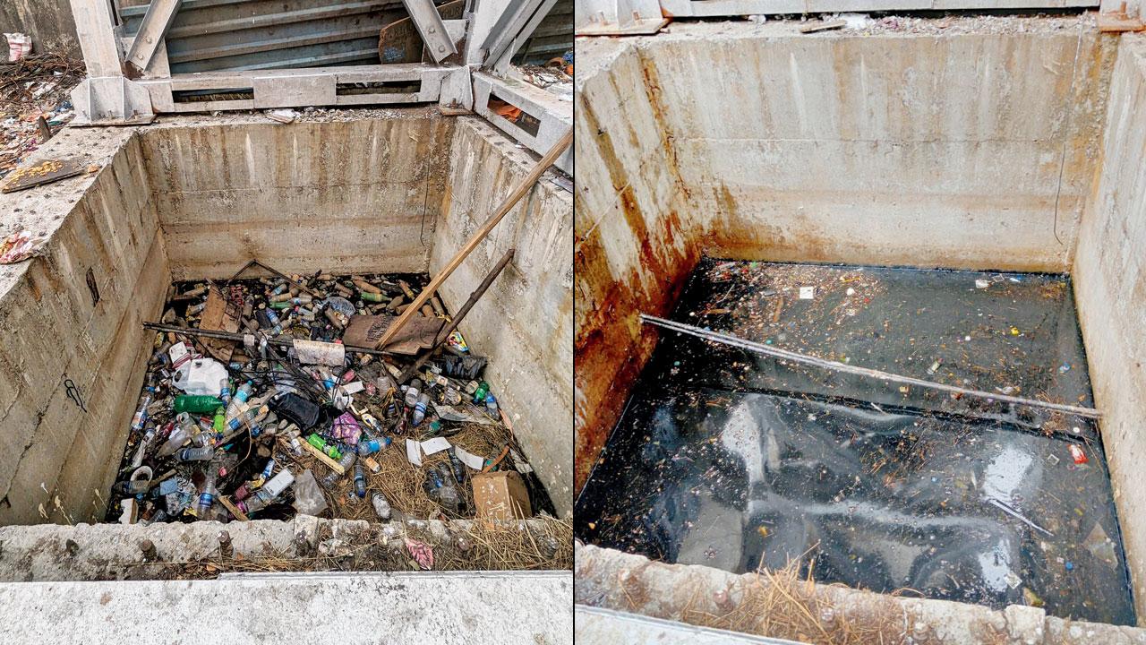 The elevator pit at Mulund railway station before and after the civic body cleaned it up