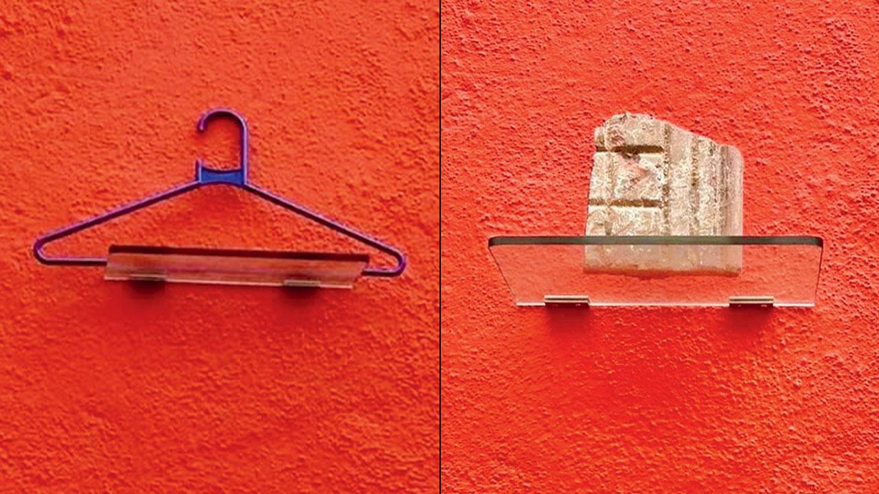 A hanger (left) and a tile on display