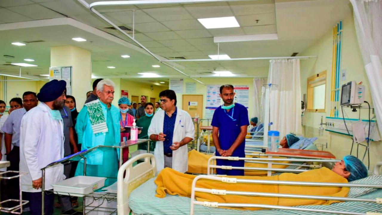 While visiting injured patients at GMC and Narayana hospitals on Monday, Jammu and Kashmir Lieutenant Governor Manoj Sinha stated that the terrorist attack was a part of a sinister plot to sow discord in the Jammu area. He said that such attempts will be foiled. Pic/PTI