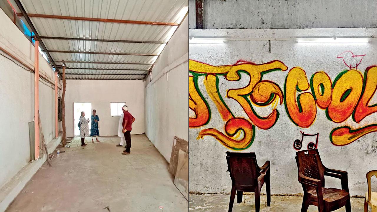 Freshly painted graffiti on the walls (left) the new space in Marol