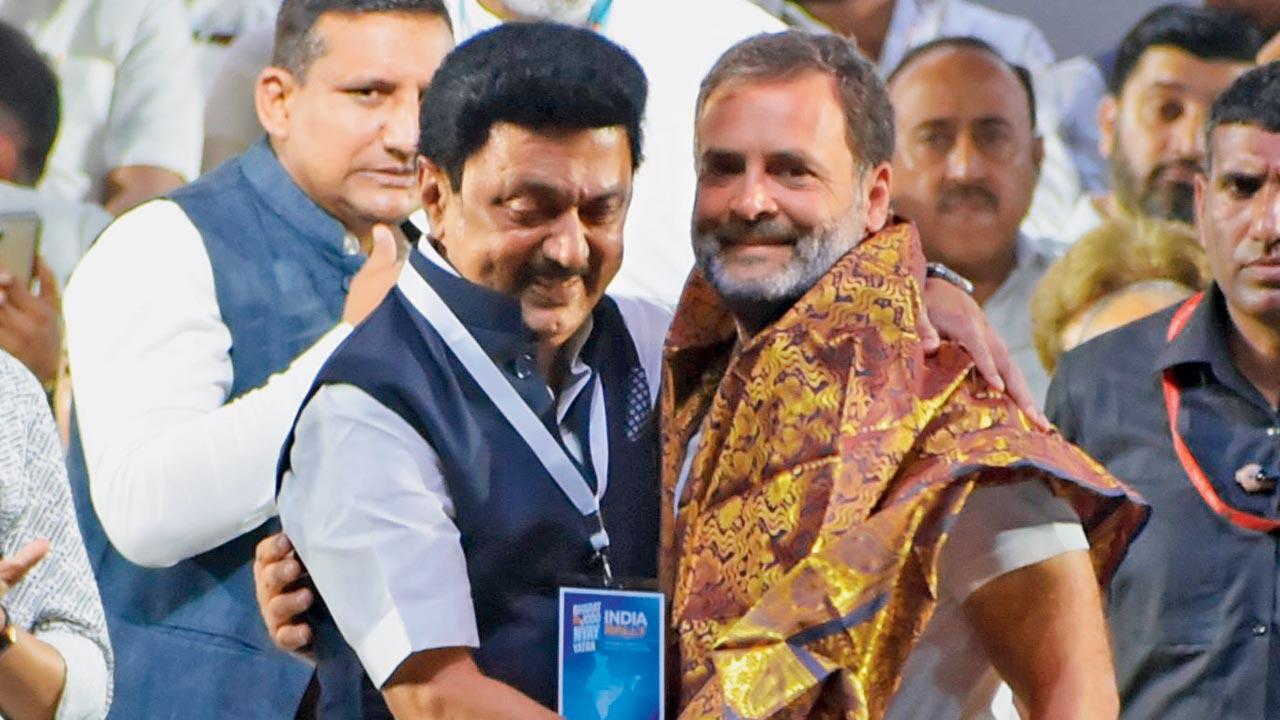 MK Stalin with Rahul Gandhi in Mumbai. File pic/Ashish Raje