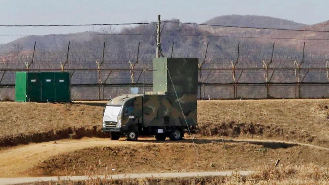 A South Korean military vehicle with loud speakers near the border with the North. Pics/AP