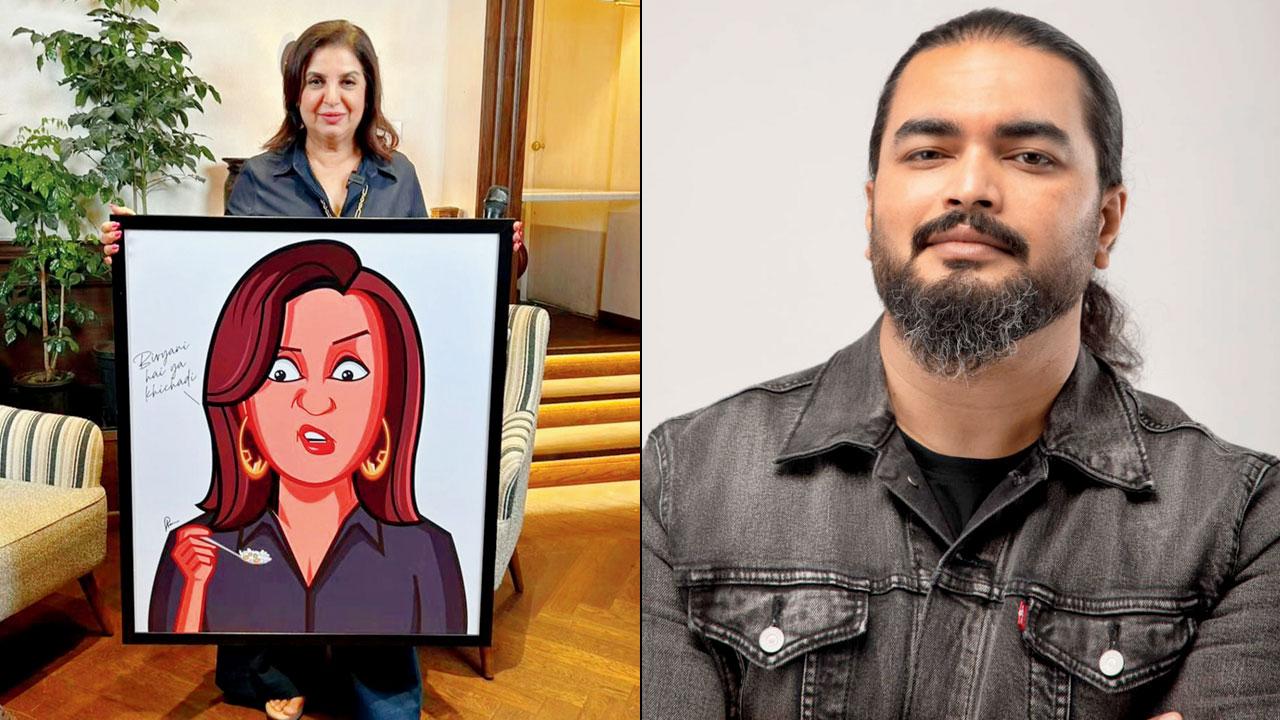Farah Khan holds up the caricature created by (right) Prasad Bhat