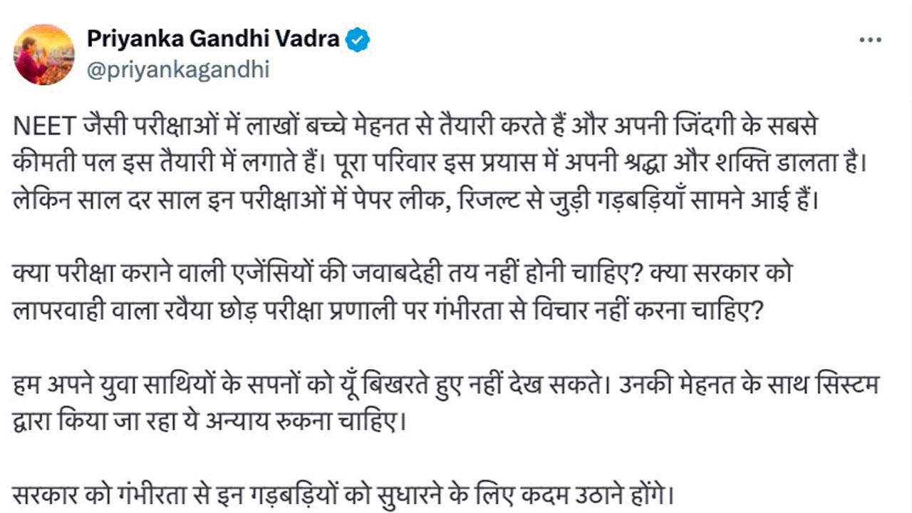Senior Congress leader Priyanka Gandhi Vadra tweeted on the issue