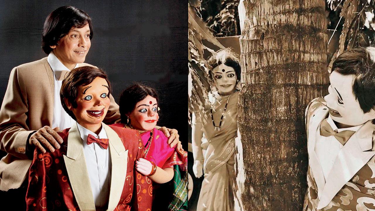 A moment from the video; (left) Ramdas Padhye with the puppets