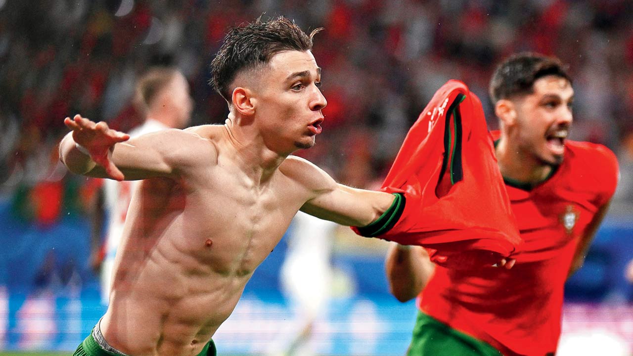 Portugal’s Francisco Conceicao celebrates scoring against Czech Republic in Leipzig, Germany. Pic/AFP