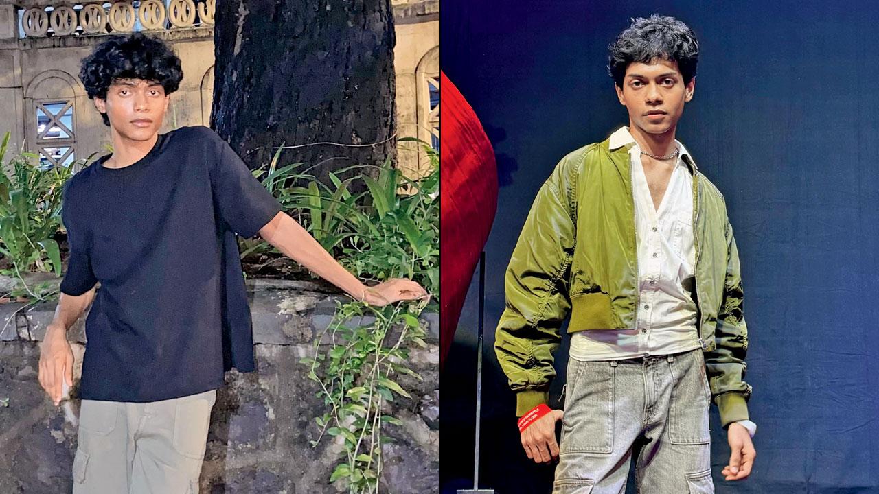 (From left) Sadasivan sports an oversized tee with chunky platform boots; bomber jacket, stone-wash cargo