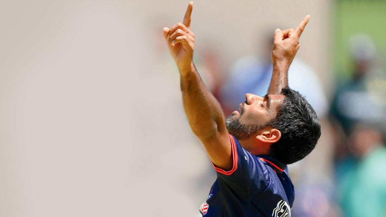 Saurabh Netravalkar celebrates USA’s victory over Pakistan in Texas on Thursday. Pic/Getty Images