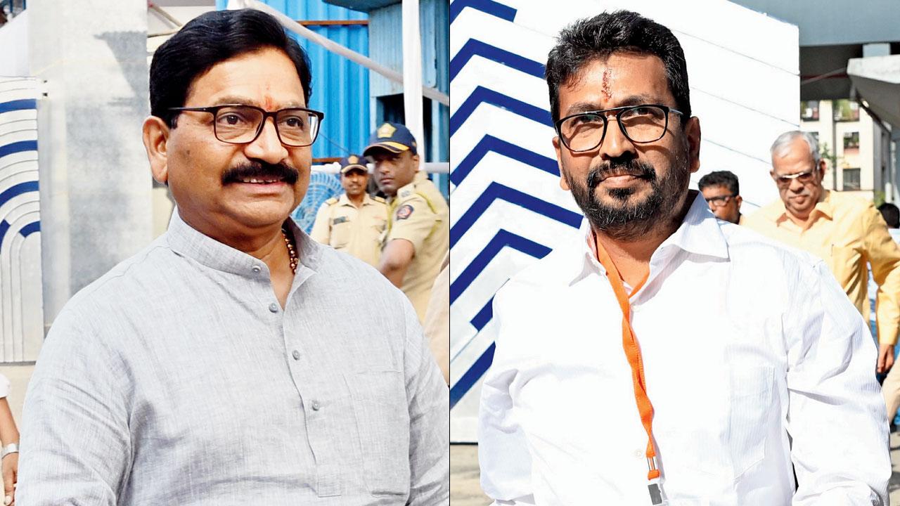 Shinde Sena candidate, Ravindra Waikar and (right) Shiv Sena (UBT) candidate Amol Kirtikar at the counting station. Pics/Satej Shinde