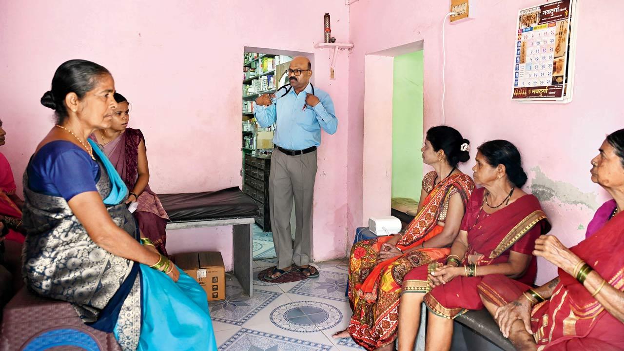 Dr Pratap Patil at his dispensary in Siddhi Karavale. “I do encounter patients with rashes on their hands and neck, likely caused by polluted water and exposure to harsh chemicals in the air,” he tells mid-day