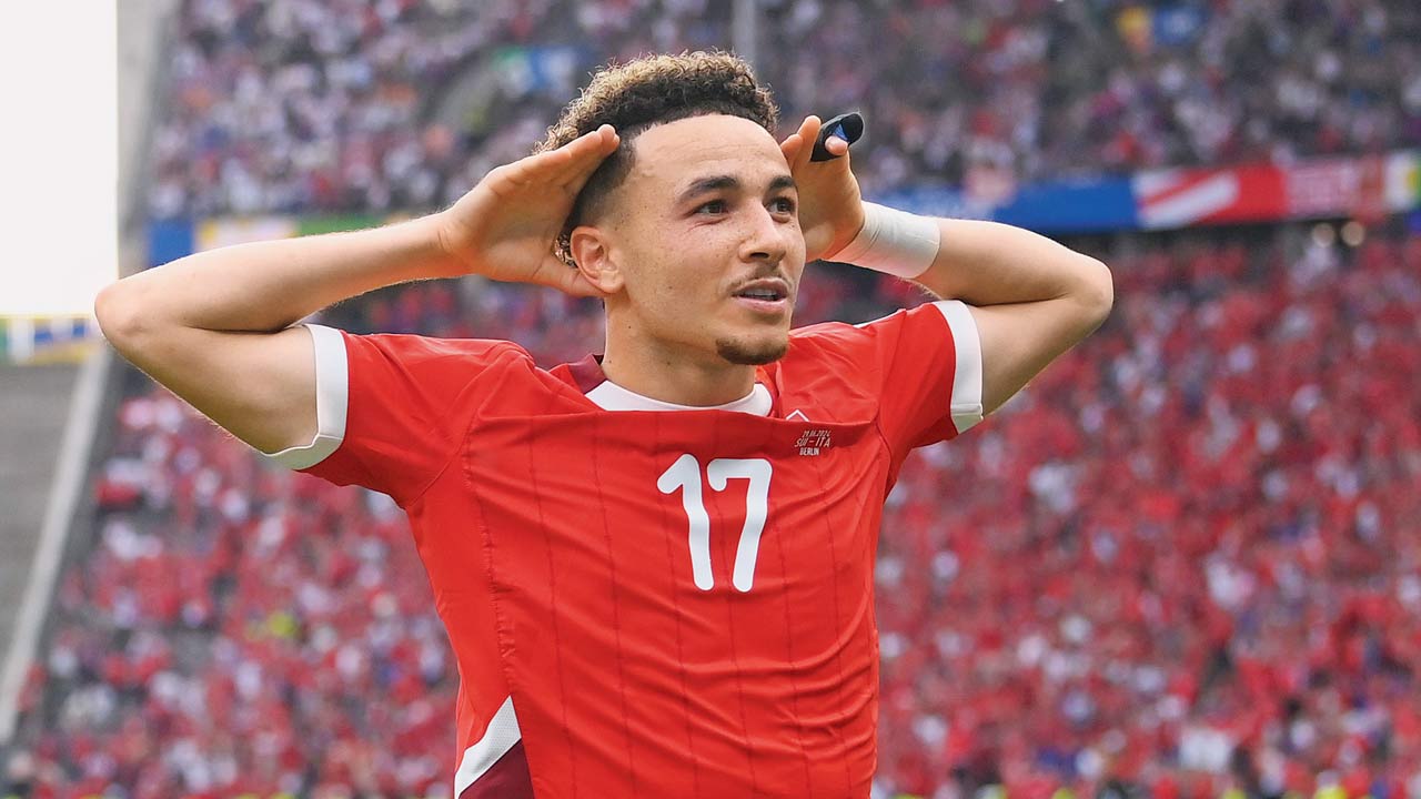 Switzerland’s Ruben Vargas celebrates his goal against Italy in Berlin on Saturday