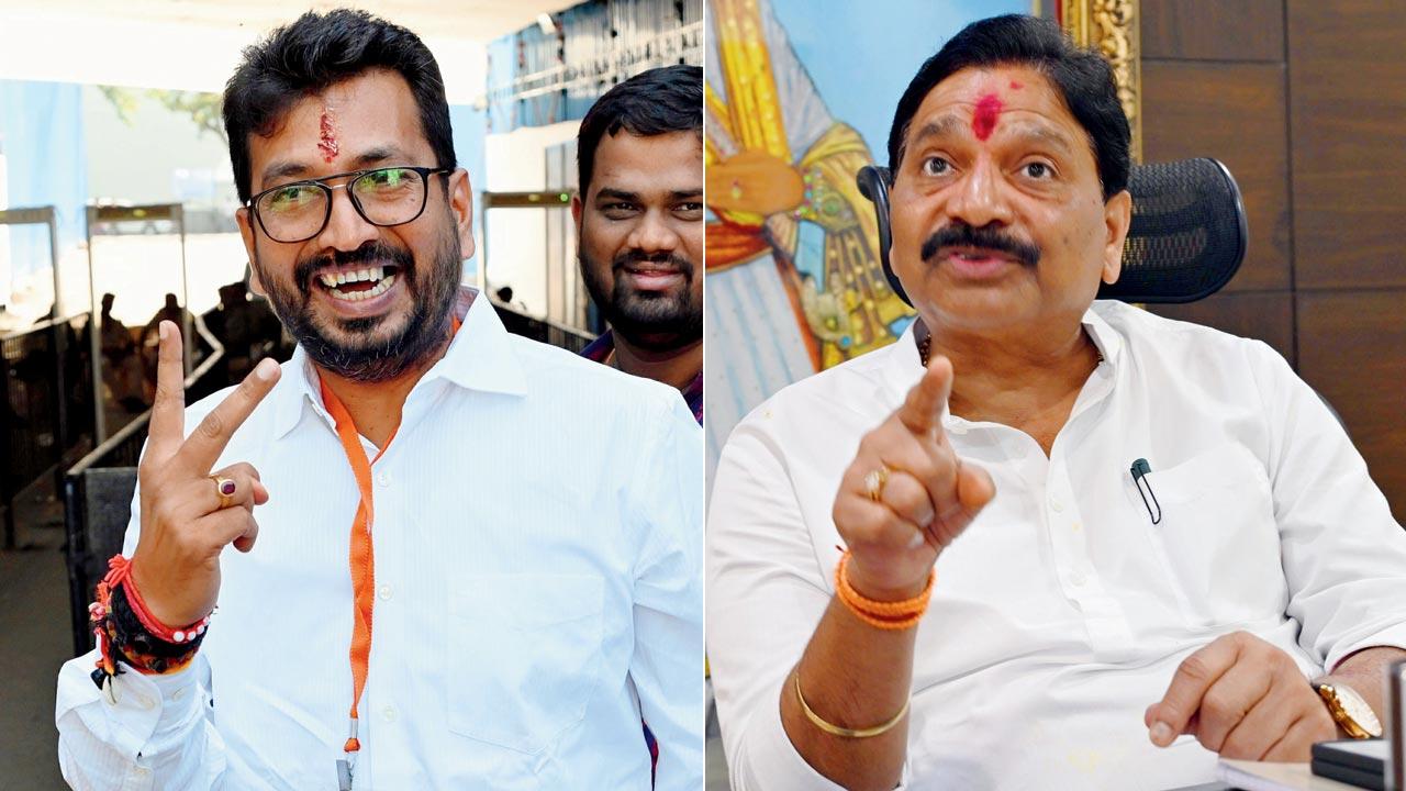 Shiv Sena (UBT) candidate Amol Kirtikar at NESCO centre on counting day. Pic/Satej Shinde; (right) Shiv Sena leader Ravindra Waikar at his office in Jogeshwari. Pic/Atul Kamble