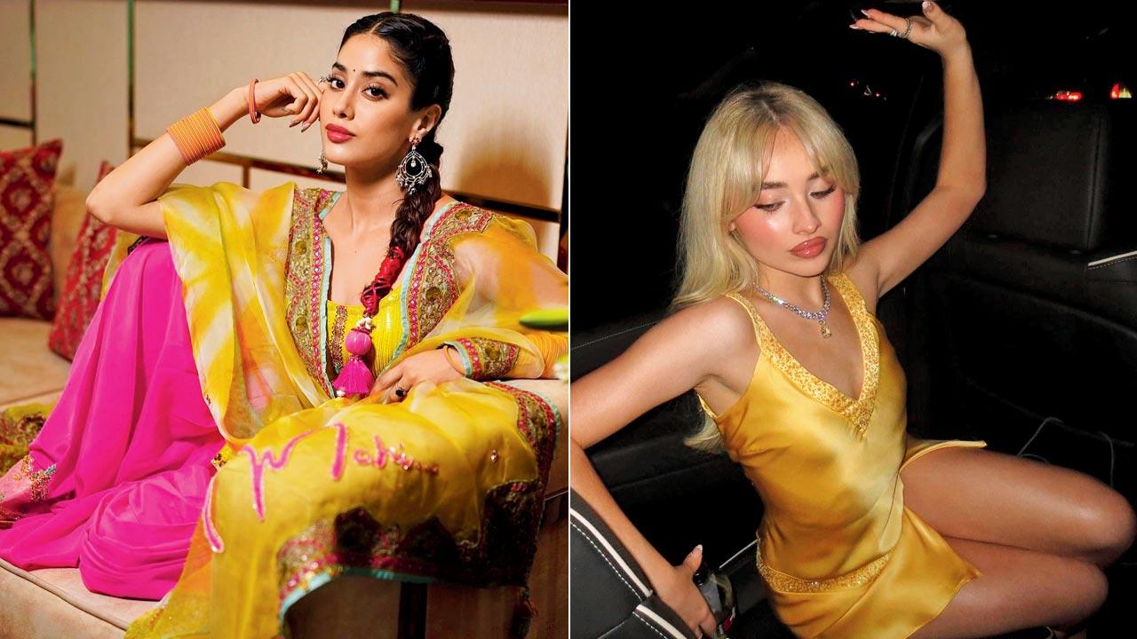 Janhvi Kapoor styles a combination of pink and yellow. Pics Courtesy/Instagram; (right) Sabrina Carpenter celebrated her birthday in a butter yellow satin dress