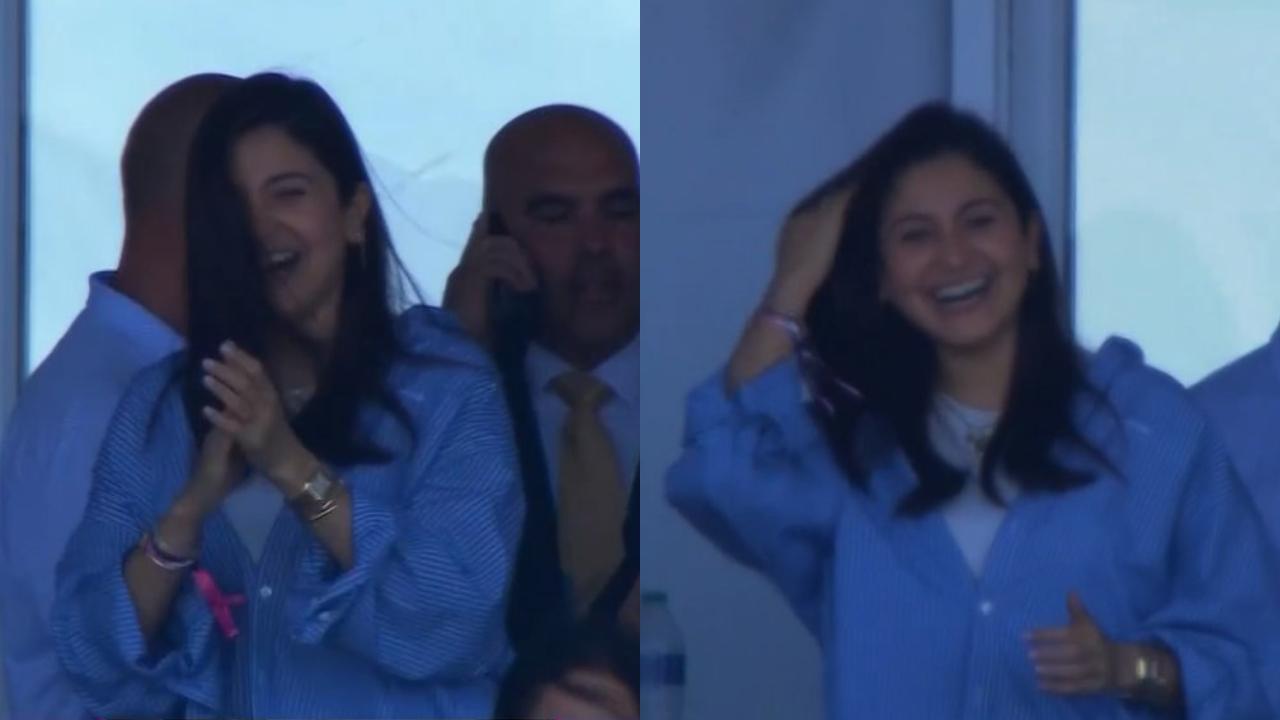 Anushka Sharma celebrates in the stands as India beats Pakistan by 6 runs in T20