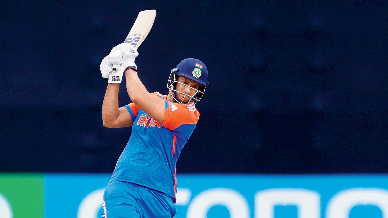 Shivam Dube during his unbeaten 31 against USA at New York on Wednesday. Pic/Getty Images