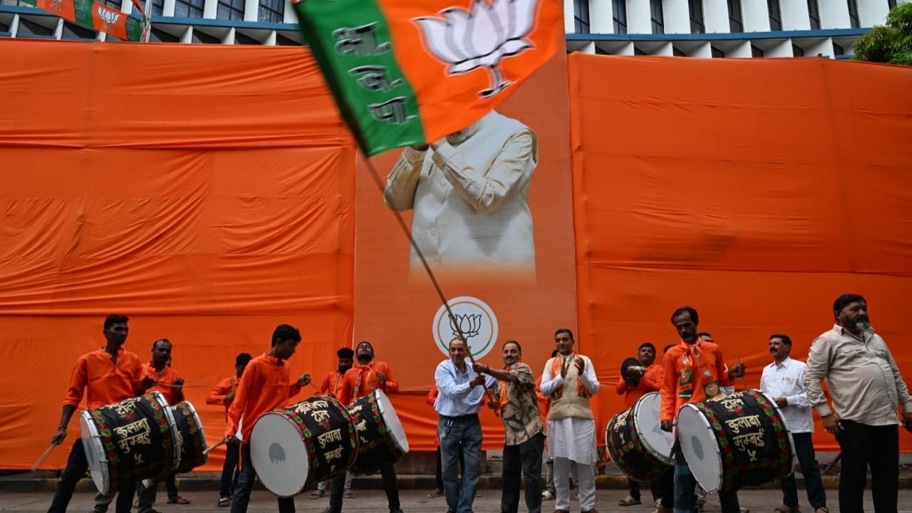 Party workers were seen celebrating outside the Shiv Sena Bhavan in Dadar