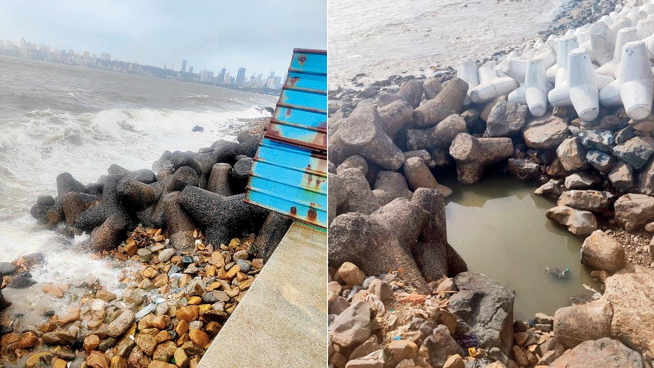 Rubble at the same spot last year; (right) The rainwater outfall at Patan Jain Road, Marine Drive 