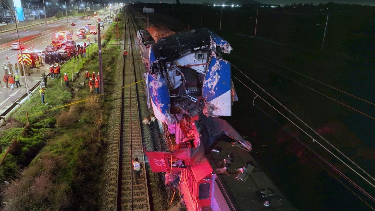 The impact of the crash was such that it vaulted one train on top of a car from the other train