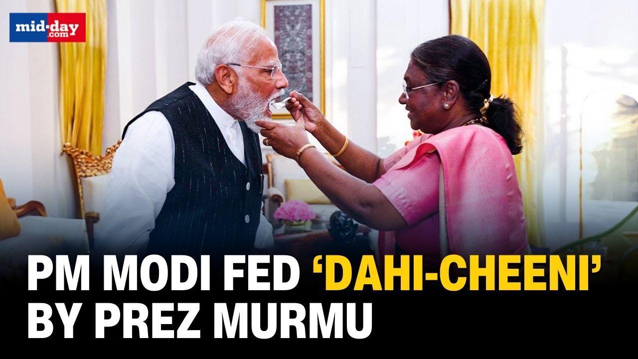 Ahead of PM Modi oath ceremony, President Murmu offers symbolic “Dahi-Cheeni”