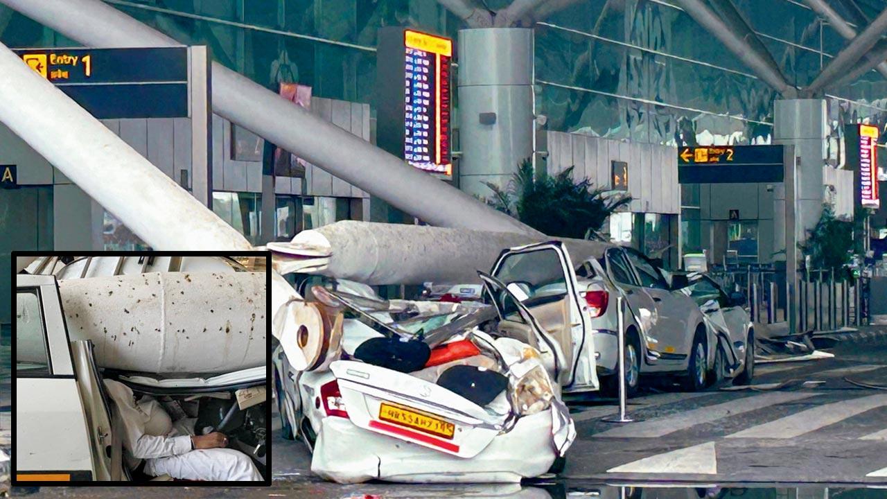 Parked vehicles damaged by canopy; Pic/PTI; (inset) Cab driver caught under a pillar who lost his life