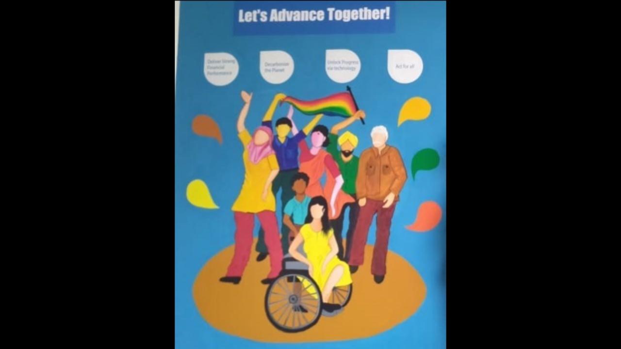 Arveend Budh Singh, a self-taught artist with a locomotor disability, is known for his grand and detailed paintings exploring social and religious themes. He created a 55-square-foot wall mural art backdrop painted on-site, reflecting the company's ethos and inspiring the audience
