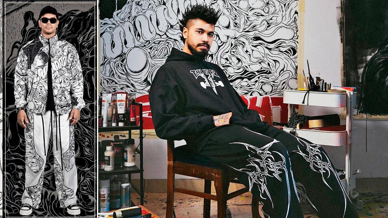 Derek Domnic D’Souza in the track suit; (right) Santanu Hazarika sits in front of his artwork Please Don’t Fight