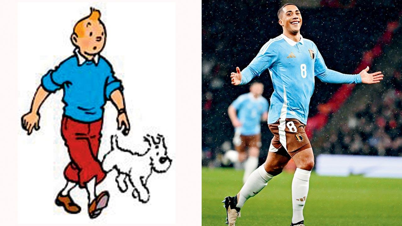 Tintin with Snowy. Pic Courtesy/Wikimedia Commons; (right) Youri Tielemans in Tintin-inspired kit. Pic Courtesy/Instagram