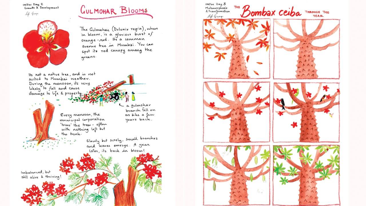 (Left) The artwork featuring gulmohar flowers; (right) the bombax ceiba panels 