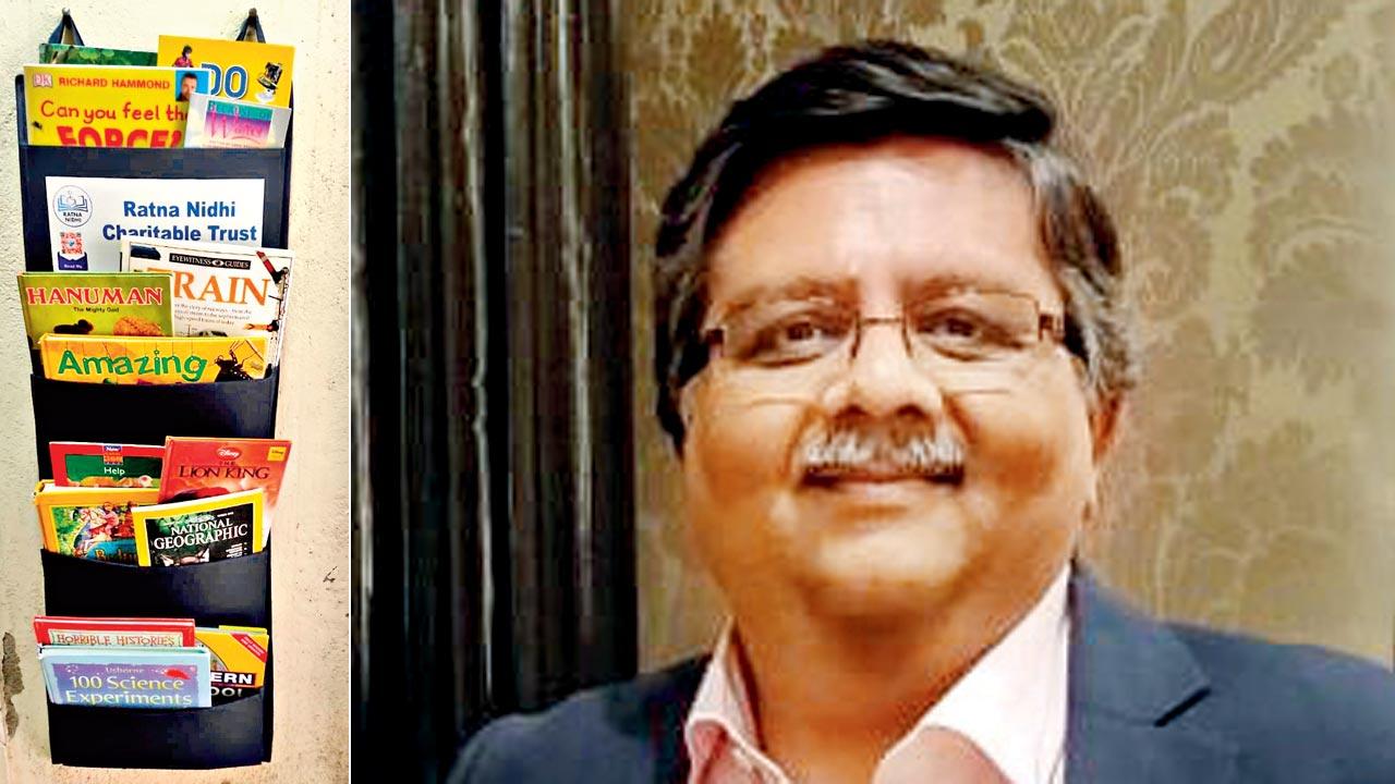 The portable bookshelf can hold 20 books and requires no floor space; (right) Rajiv Mehta