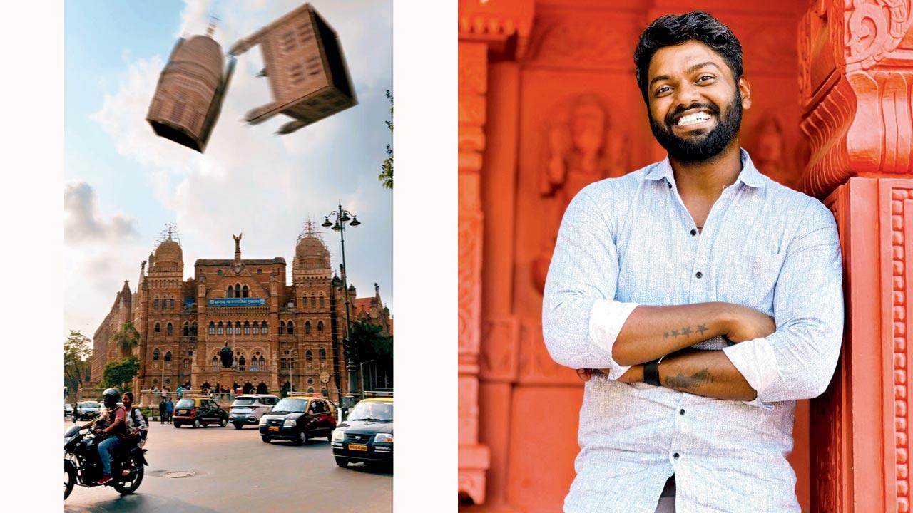 A still from the video features the BMC headquarters; (right) Omkar Korade