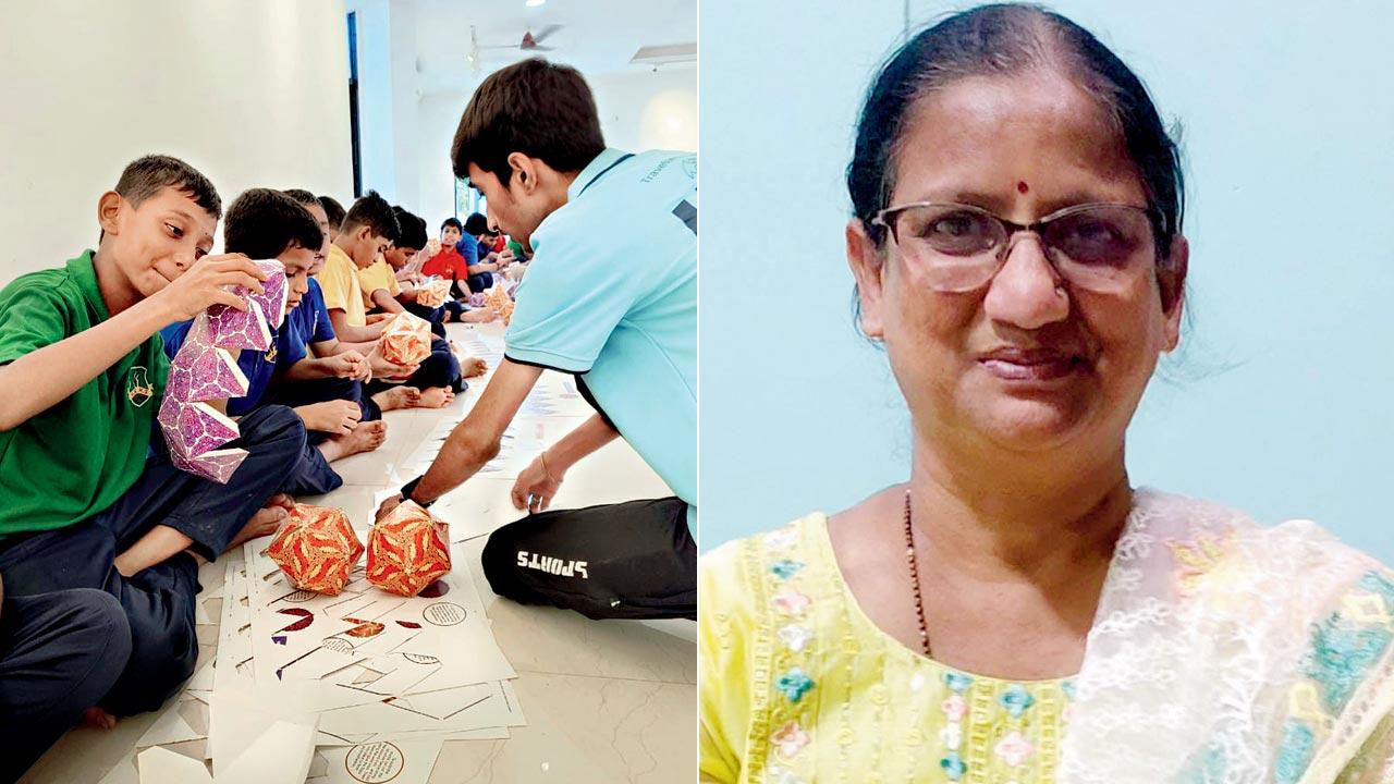 The children explore the virus templates; (right) Manjula Yadav