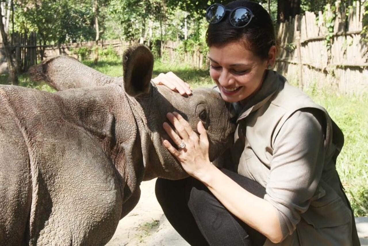 Here’s Dia interacting with a baby rhinoceros during her first visit to the Centre for Wildlife Rehabilitation and Conservation (CWRC) in Assam. 