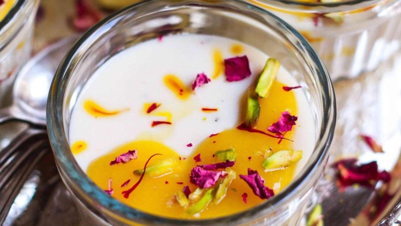 Barley and Saffron Baked Yoghurt  Ingredients:  Yoghurt - 400 gm Dairy Cream - 400 gm Milkmaid - 400 gm Cooked Barley - 1/2 cup                 Milk - 2 tbsp Saffron - a pinch of threads       Sugar for taste                                                         Method: Soak the saffron threads in two tablespoons of warm milk for about 10 minutes to release their flavour and colour. 
In a large bowl combine the yoghurt, cooked barley, milkmaid, cream, and sugar. Mix well till the sugar is completely dissolved.  
Stir in the saffron milk in the yoghurt mixture.  
Pour the mixture into a baking tray and bake it in a water bath for approximately 20 minutes at 165 degrees Celcius. 
Remove the baked yoghurt from the oven and let it cool to room temperature. Once cooled, refrigerate for at least two hours to allow it to set completely. 
Serve chilled.   
Recipe by Mohammed Shahnawaz, Master Chef, ITC Grand Central  