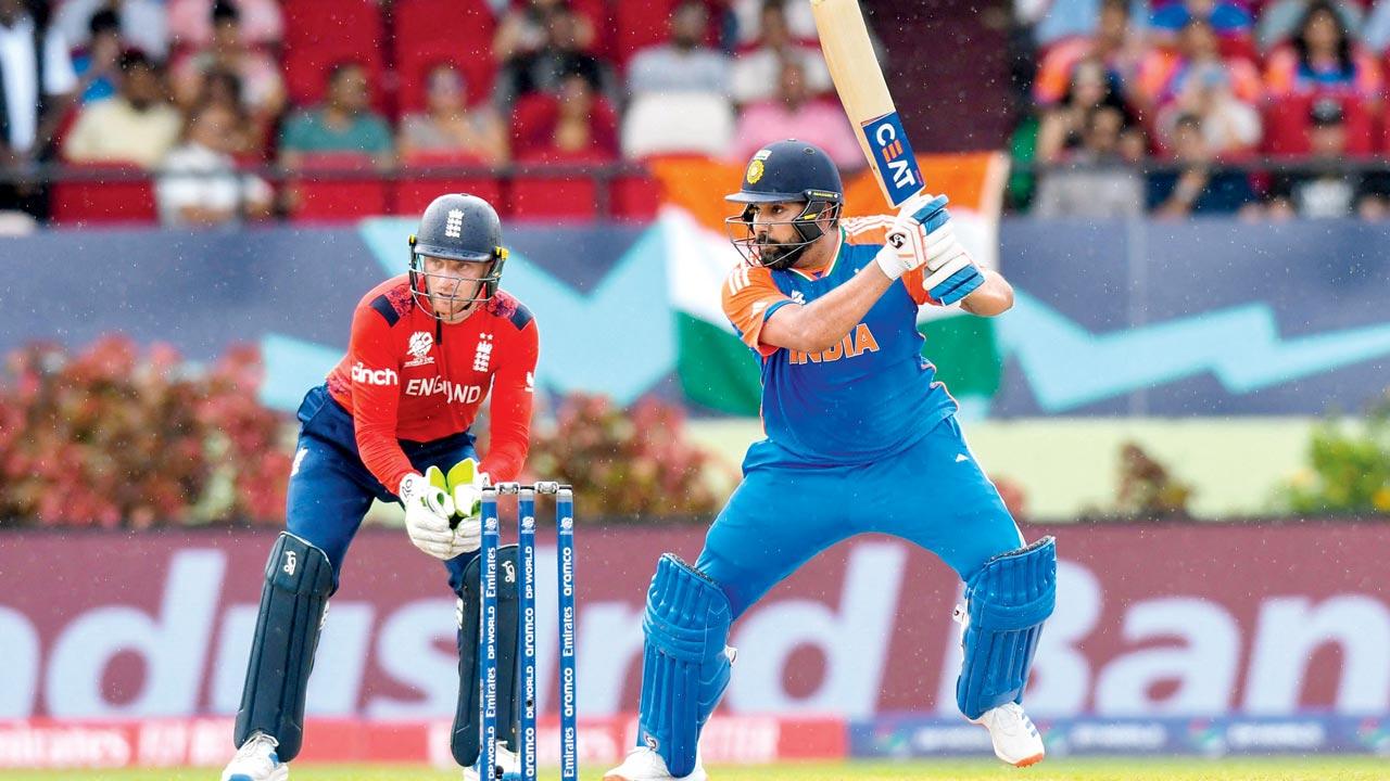 India skipper Rohit Sharma plays one square of the wicket
