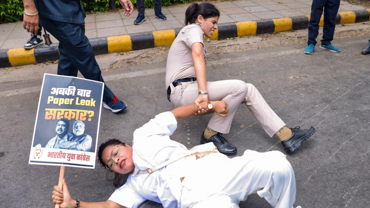 The students gathered outside the Education Ministry and Pradhan's residence demanding a ban on the National Testing Agency (NTA), the body which conducts the examination and a probe into the alleged paper leak.
