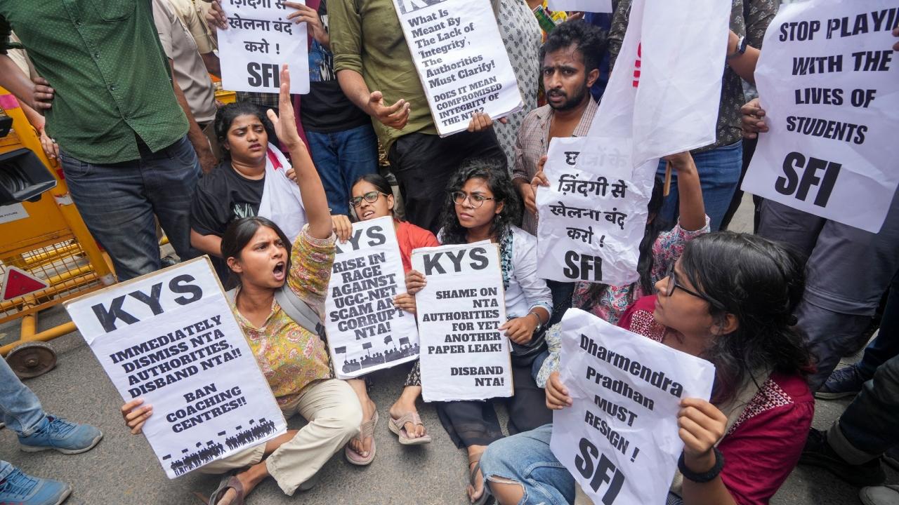 Earlier in the day, several members of the National Students' Union of India were detained while protesting outside Pradhan's residence here.