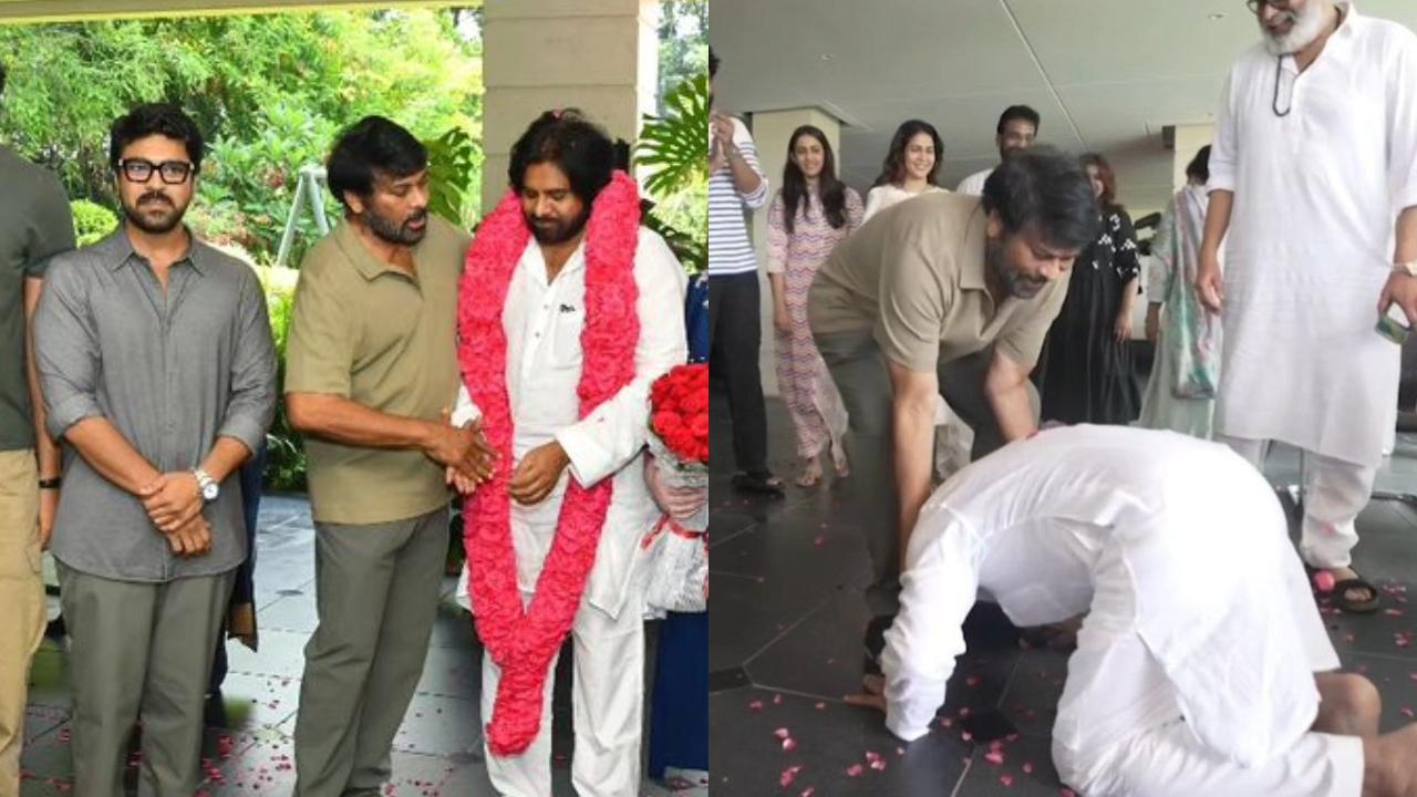 Pawan Kalyan touches elder brother Chiranjeevi's feet after LS victory