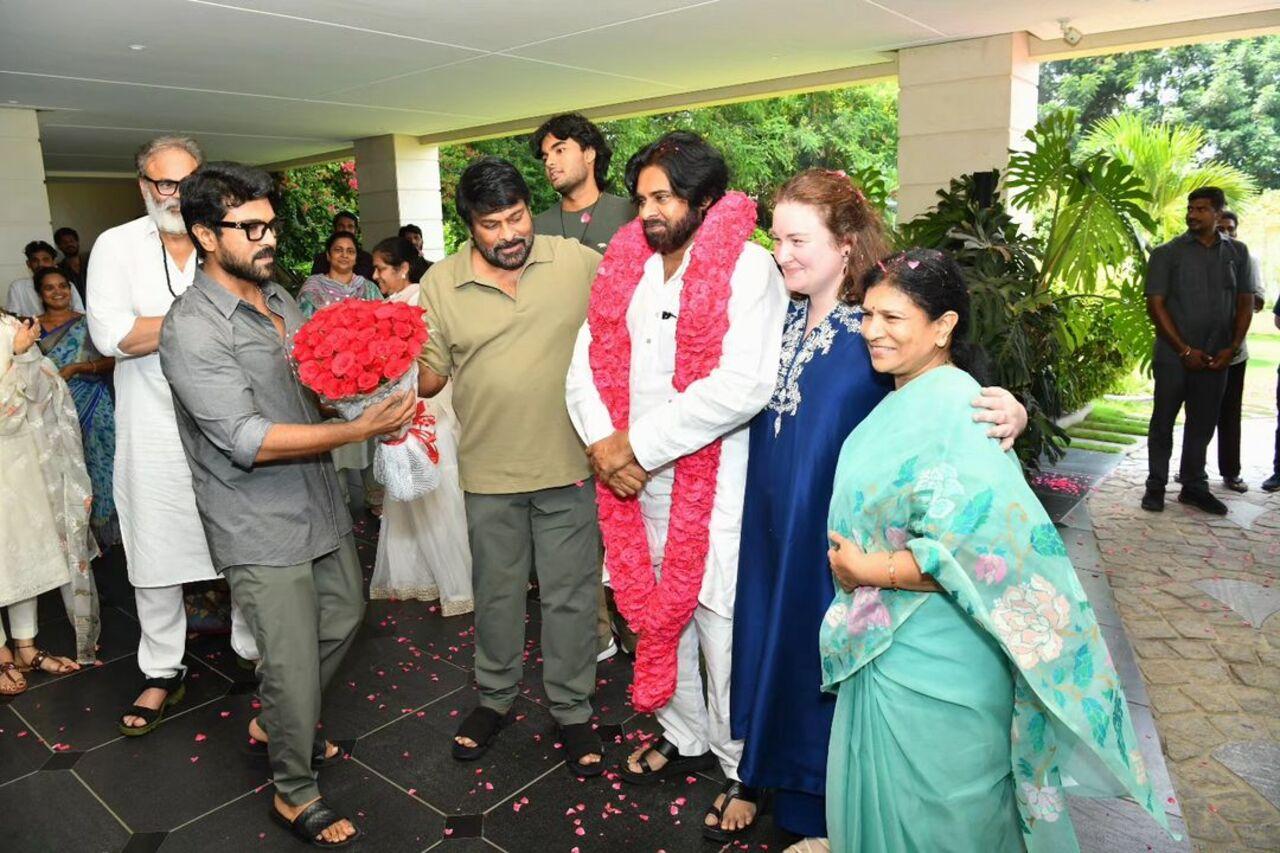 Kalyan got emotional and kneeled to touch Chiranjeevi's feet. The megastar hugged him and garlanded him to congratulate him on the electoral victory