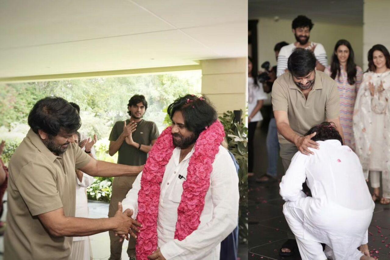 Kalyan got emotional and kneeled to touch Chiranjeevi's feet. The megastar hugged him and garlanded him to congratulate him on the electoral victory