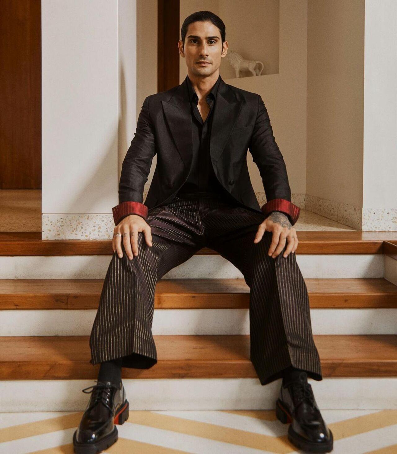 He wore a cropped double-breasted tuxedo with wide-legged pants. “Sustainable fashion with an emotional connection, this look has it all,” wrote his stylist Rahul Vijay.