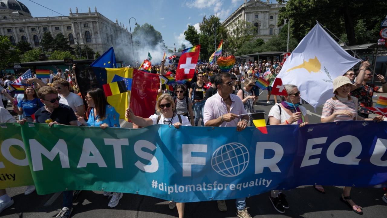 People take part in the Rainbow Pride parade, as part of the Vienna Pride festival in Vienna, Austria, on June 8, 2024 (Photo by Joe Klamar/AFP)