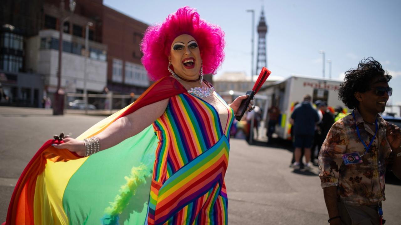 Performers make their way to the Blackpool Pride Festival, on the north-west coast of England on June 8, 2024 (Photo by Oli SCARFF/AFP)