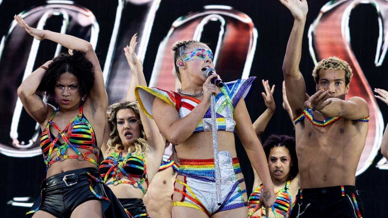US singer JoJo Siwa performs on stage during LA Pride in the Park at LA State Historic Park in Los Angeles on June 8, 2024 (Photo by Etienne LAURENT/AFP)