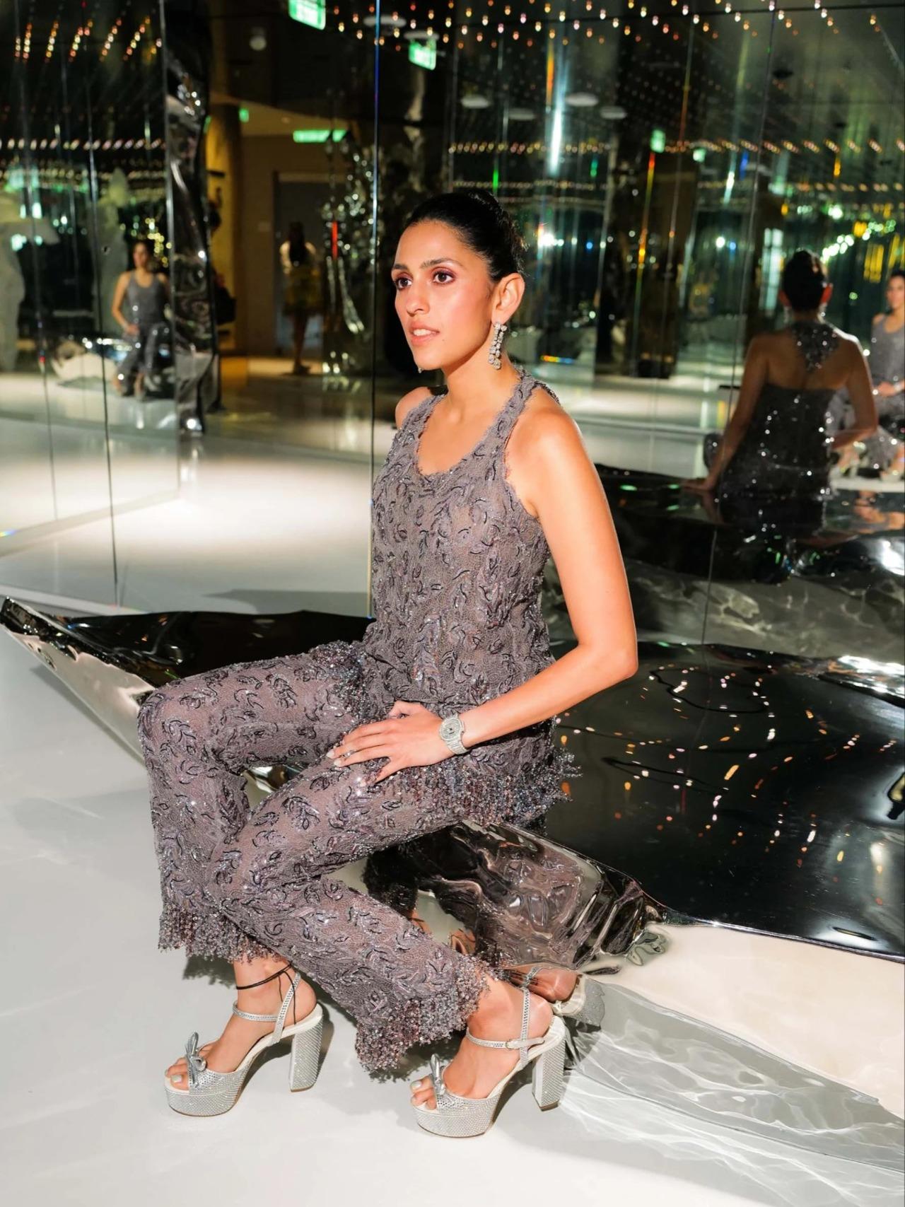 Diya was on the lookout for vintage pieces and she stumbled upon Chanel haute couture gem from the 1990s, designed by Karl Lagerfeld. The outfit comprised a corseted, halter-neck tunic with pants that had embellishments all over it