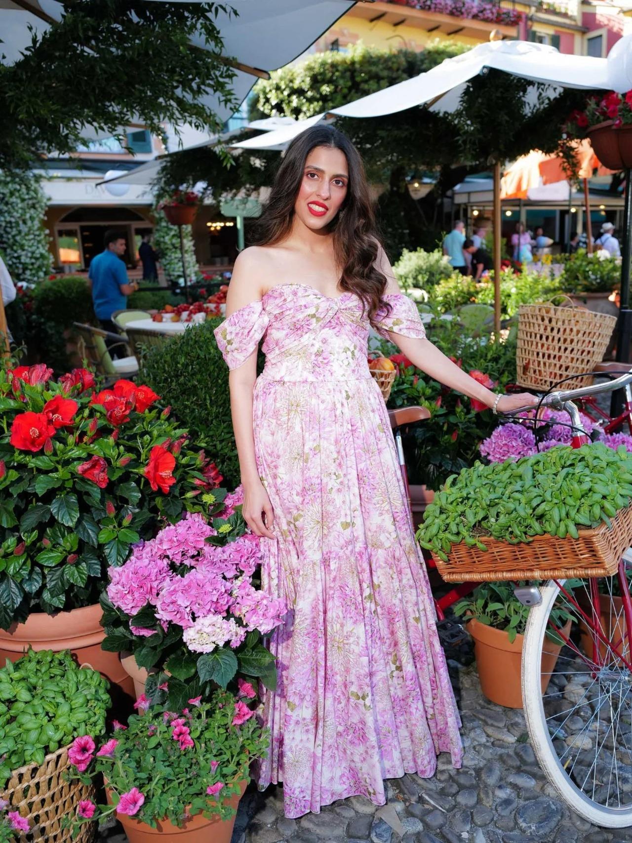 Shloka in a floral Giambattista Valli dress