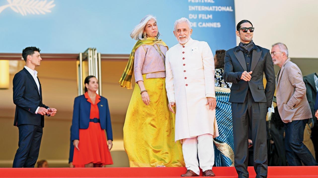 Ratna Pathak Shah, Naseeruddin Shah and Prateik Babbar on the red carpet for the screening of the restored version of the classic film, Manthan, at Cannes. Pics/Getty Images