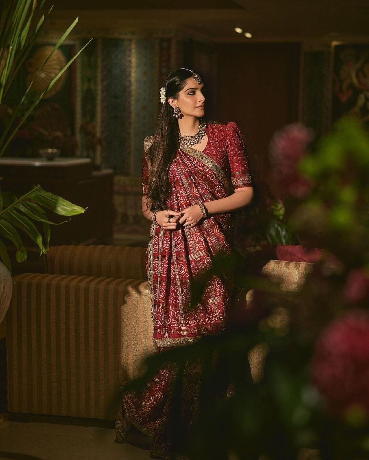 For a friend's wedding, fashionista Sonam Kapoor wore her mom Sunita’s 35-year-old gharchola saree. “Thanks mama for lending me this sari and blouse, love raiding your closet,” she wrote on Instagram. 