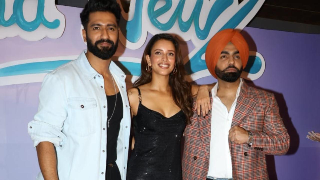Vicky Kaushal, Triptii Dimri and Ammy Virk ready to deliver some laughs as they attend the trailer launch of Bad Newz