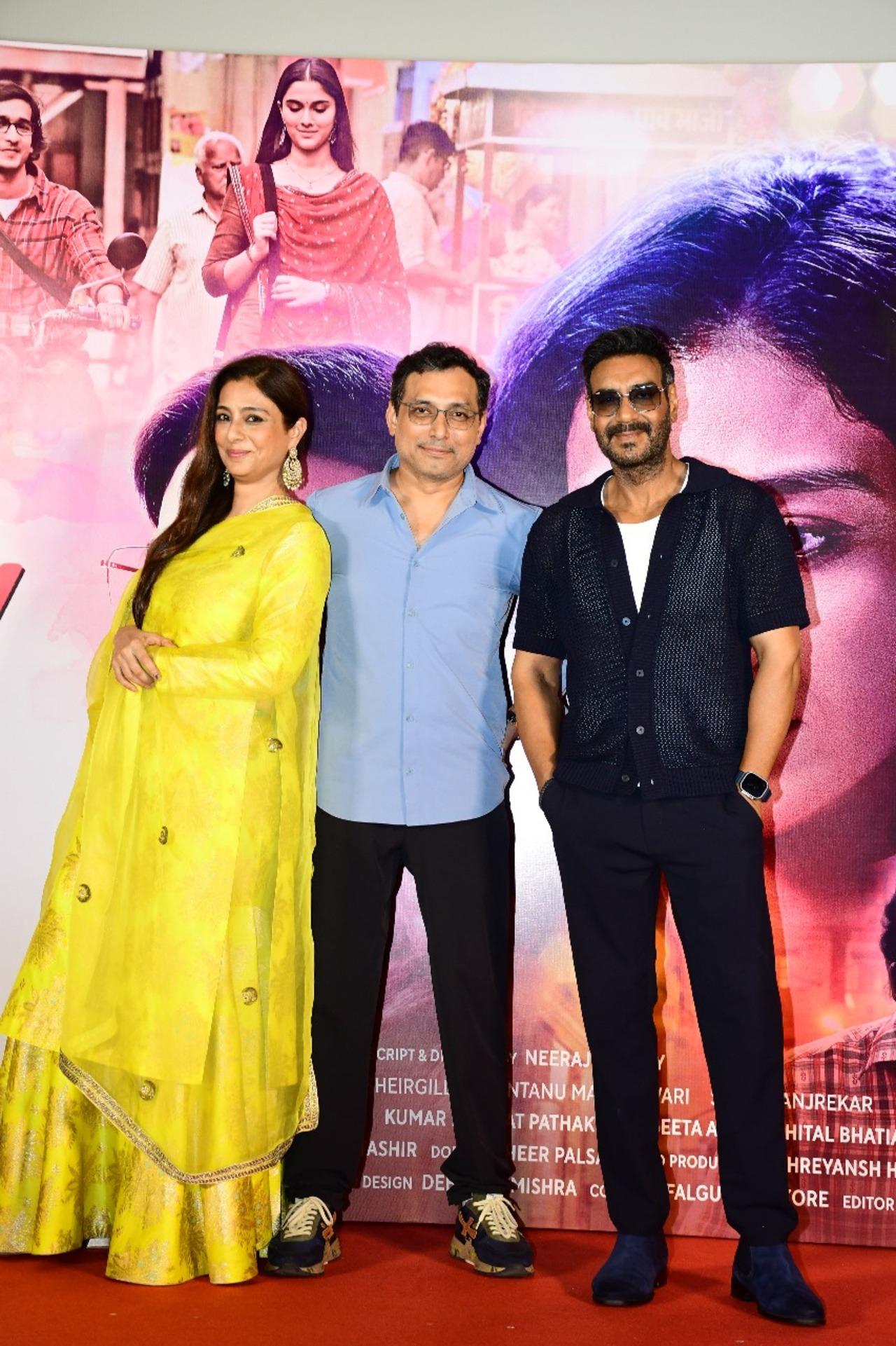 Tabu and Ajay Devgn pose with director Neeraj Pandey at the trailer launch