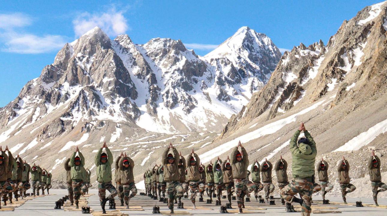 Indian Army soldiers take part in a mass yoga session at an undisclosed location. The United Nations declared June 21st as International Yoga Day in 2014, following a proposal by Indian Prime Minister Narendra Modi